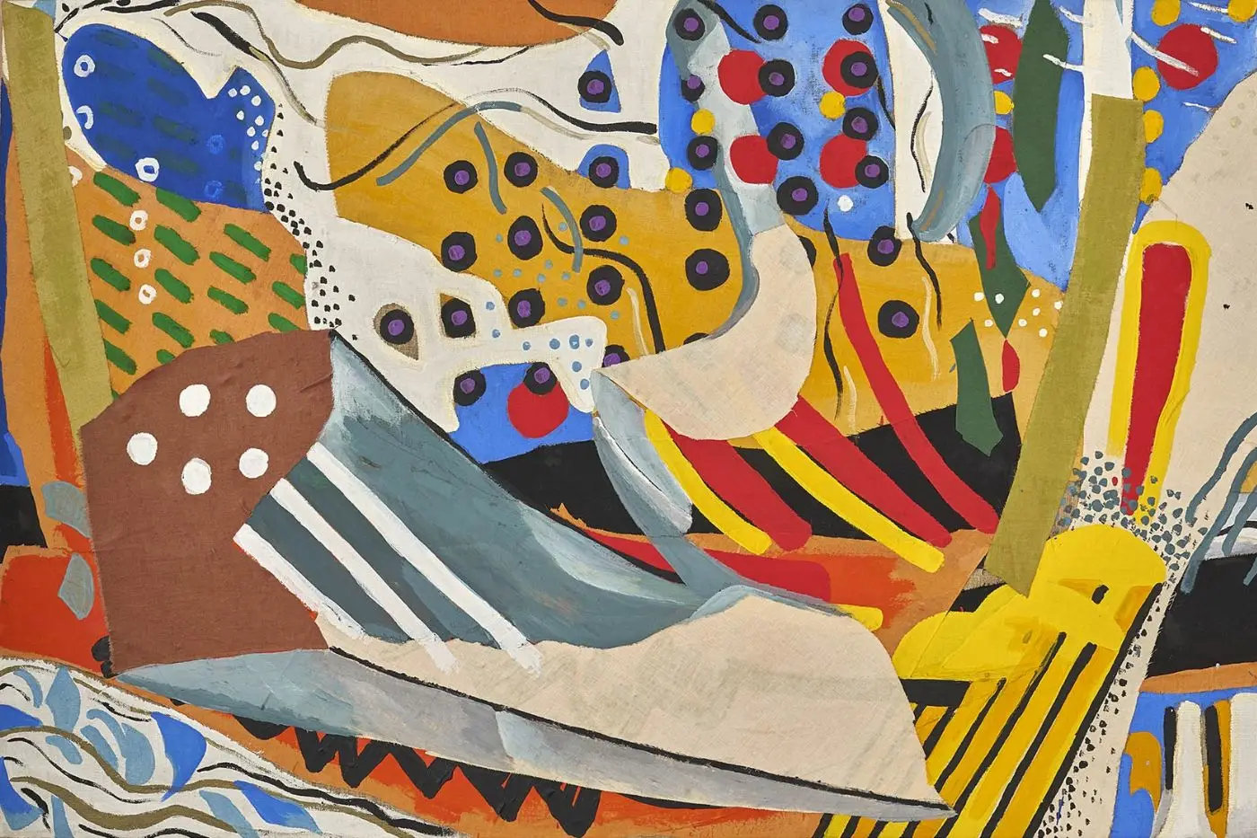 Abstract painting by Hai Tien featuring layered shapes, colors, and rhythmic forms.