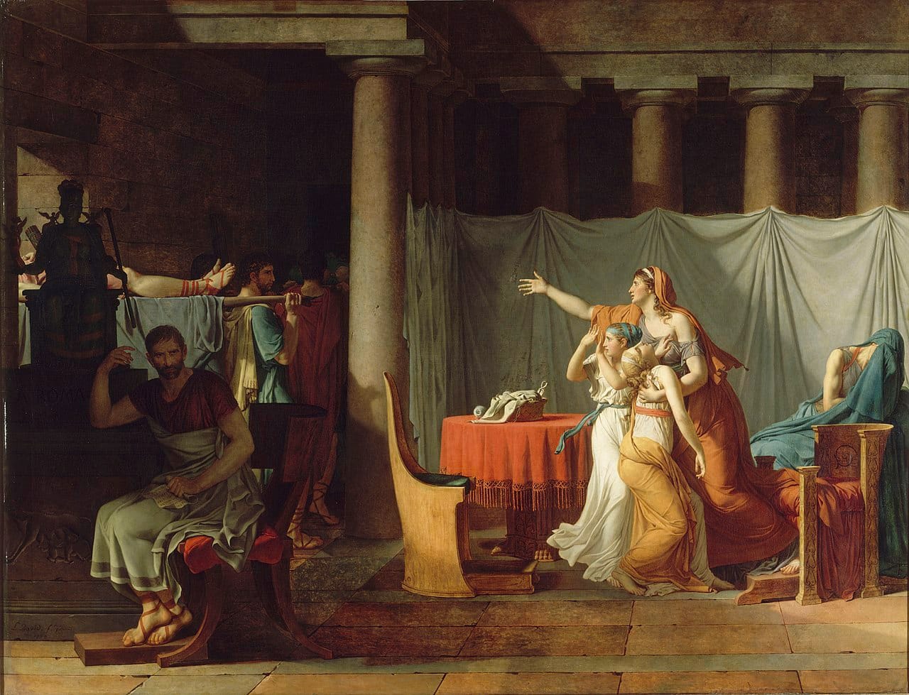 The Lictors Bring to Brutus the Bodies of His Sons (1789) by Jacques-Louis David, portraying irreversible loss preceding structural order