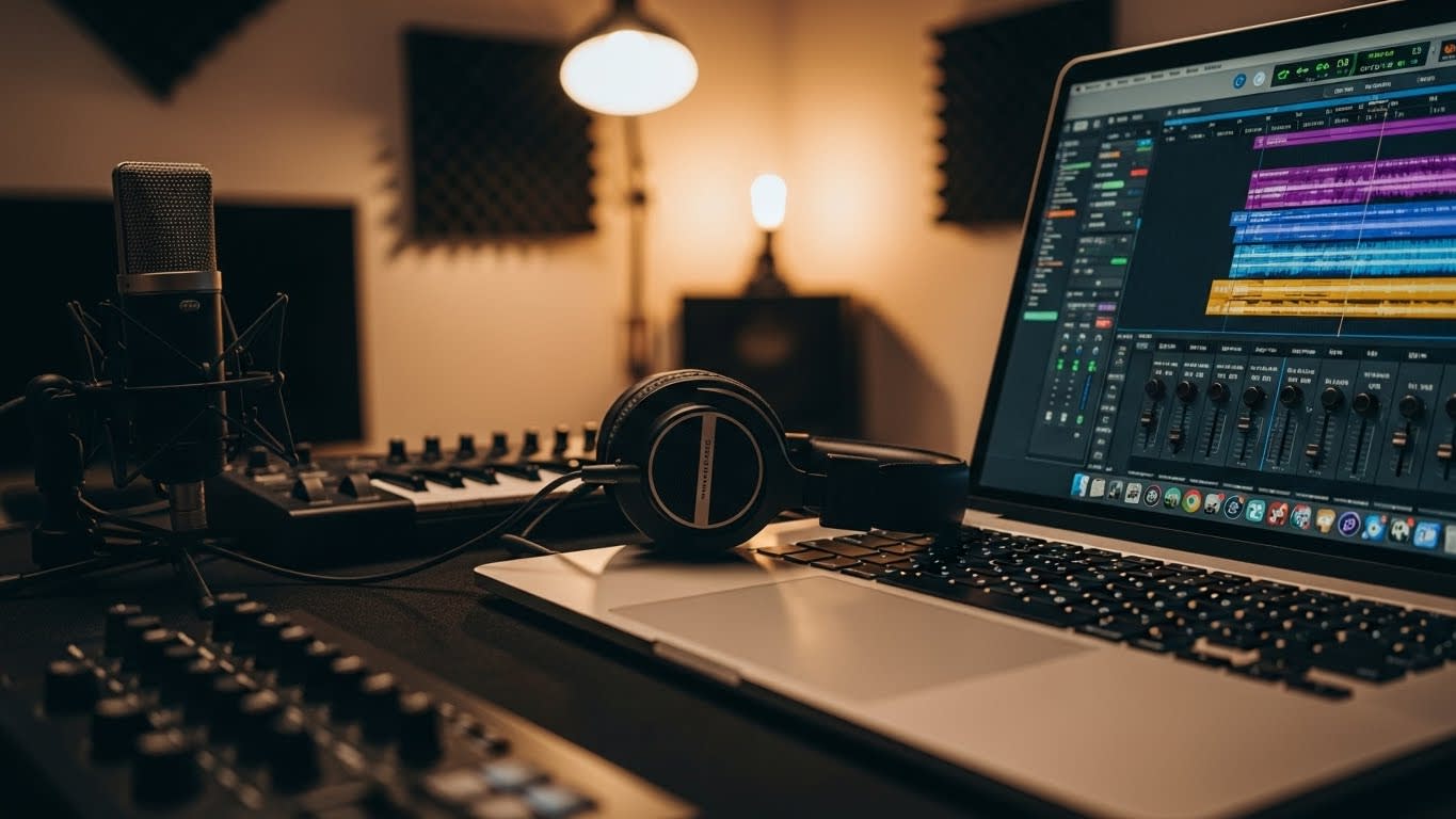 Late-night bedroom music setup with laptop, microphone, and headphones during the SoundCloud era.