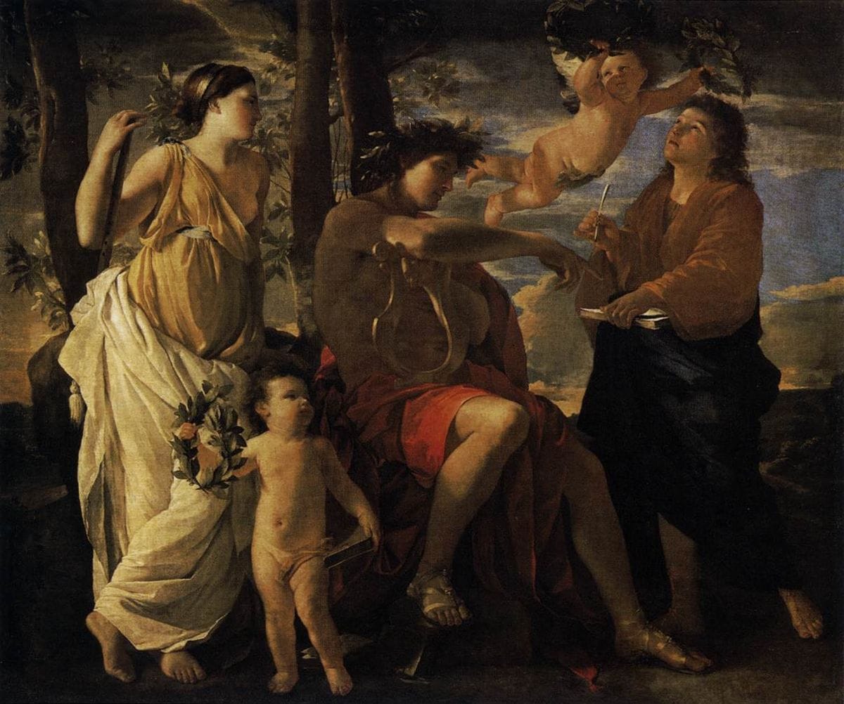 Nicolas Poussin’s The Inspiration of the Poet, depicting the transmission of creative and spiritual knowledge, held at the Louvre Museum