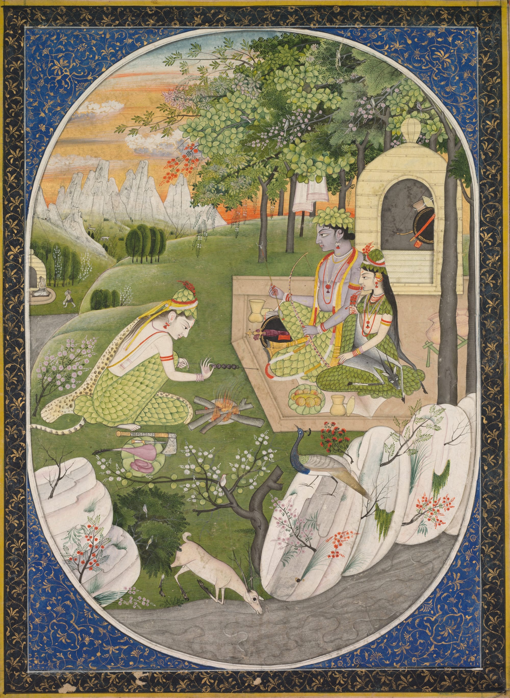 Rama, Sita, and Lakshmana in forest exile, Pahari painting from Kangra region, c. 1830