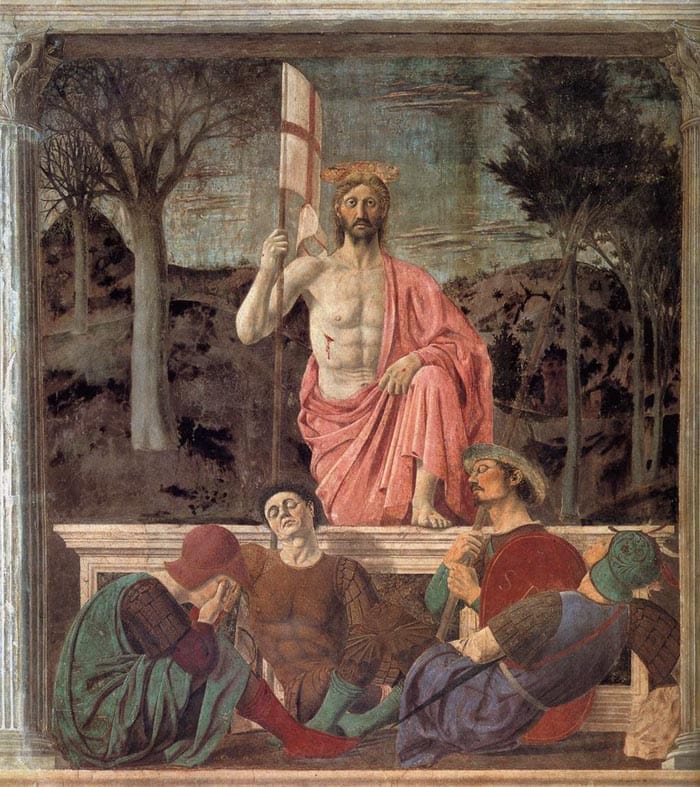 Christ standing victorious above the tomb in Piero della Francesca’s “The Resurrection,” symbolizing identity before action, Museo Civico, Sansepolcro