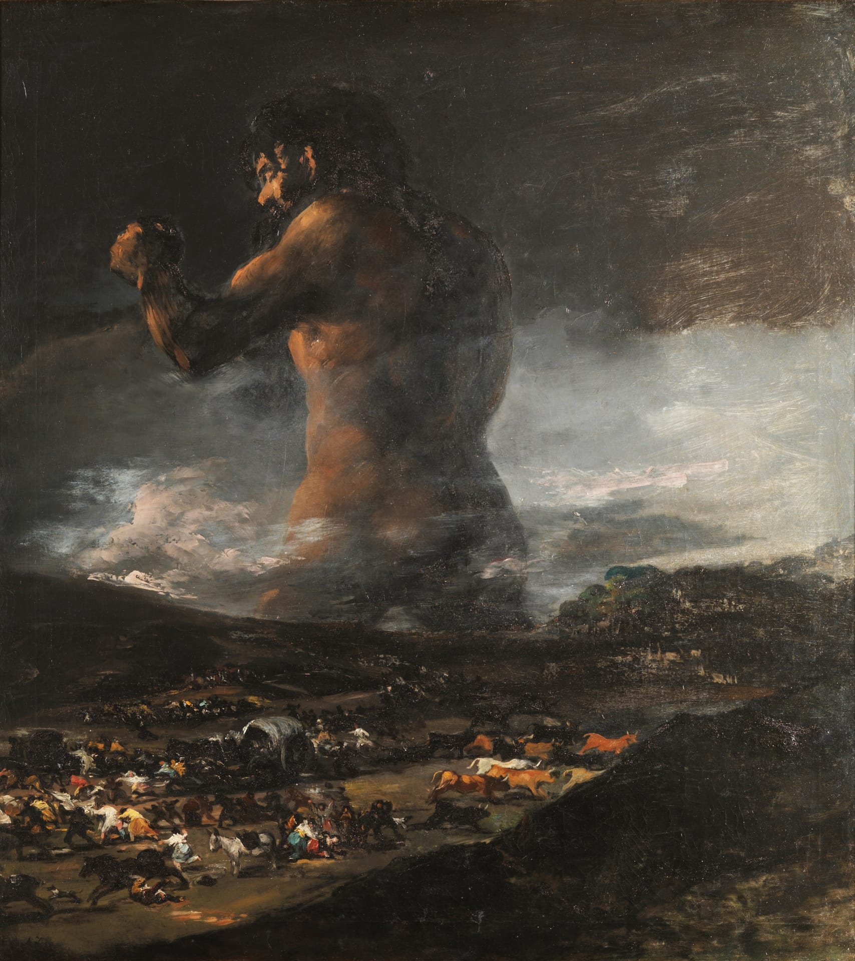 Giant figure towering over a fleeing crowd in Francisco de Goya’s “The Colossus,” Museo del Prado, Madrid