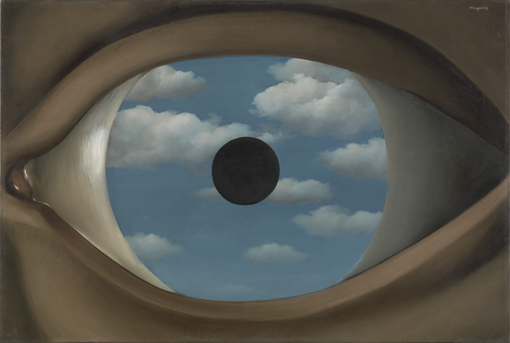 René Magritte’s The False Mirror (1928), showing an eye that reflects the sky, symbolizing observation turning back on itself