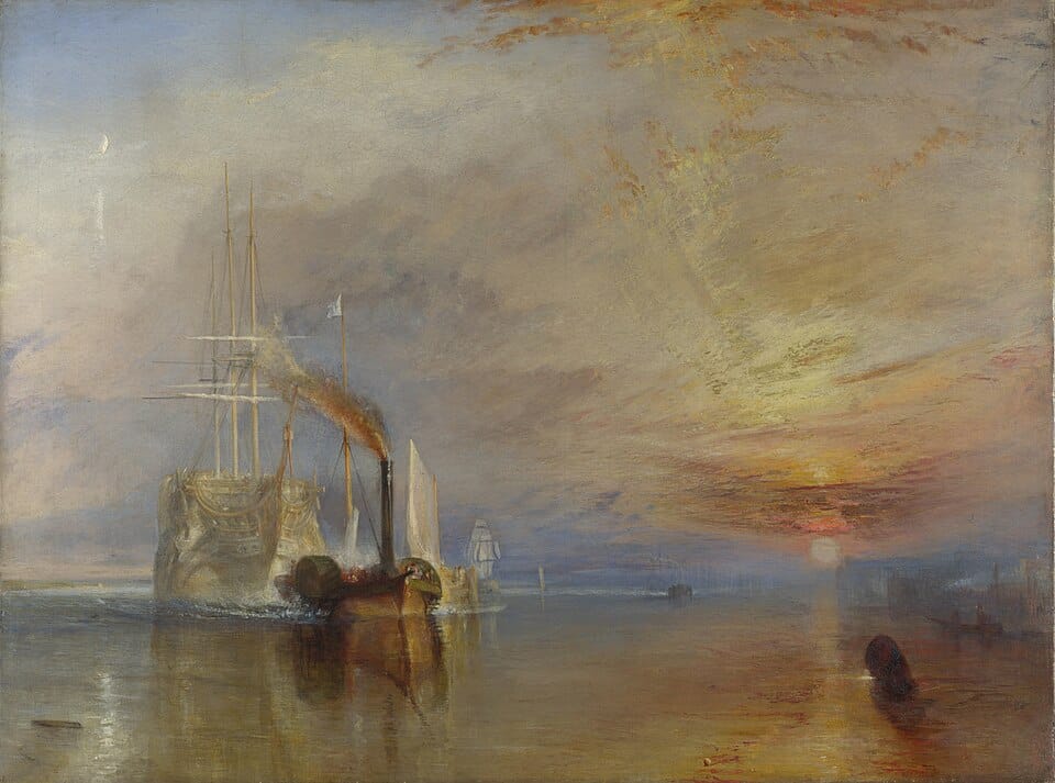 Sailing ship being towed at sunset in J.M.W. Turner’s “The Fighting Temeraire,” National Gallery, London