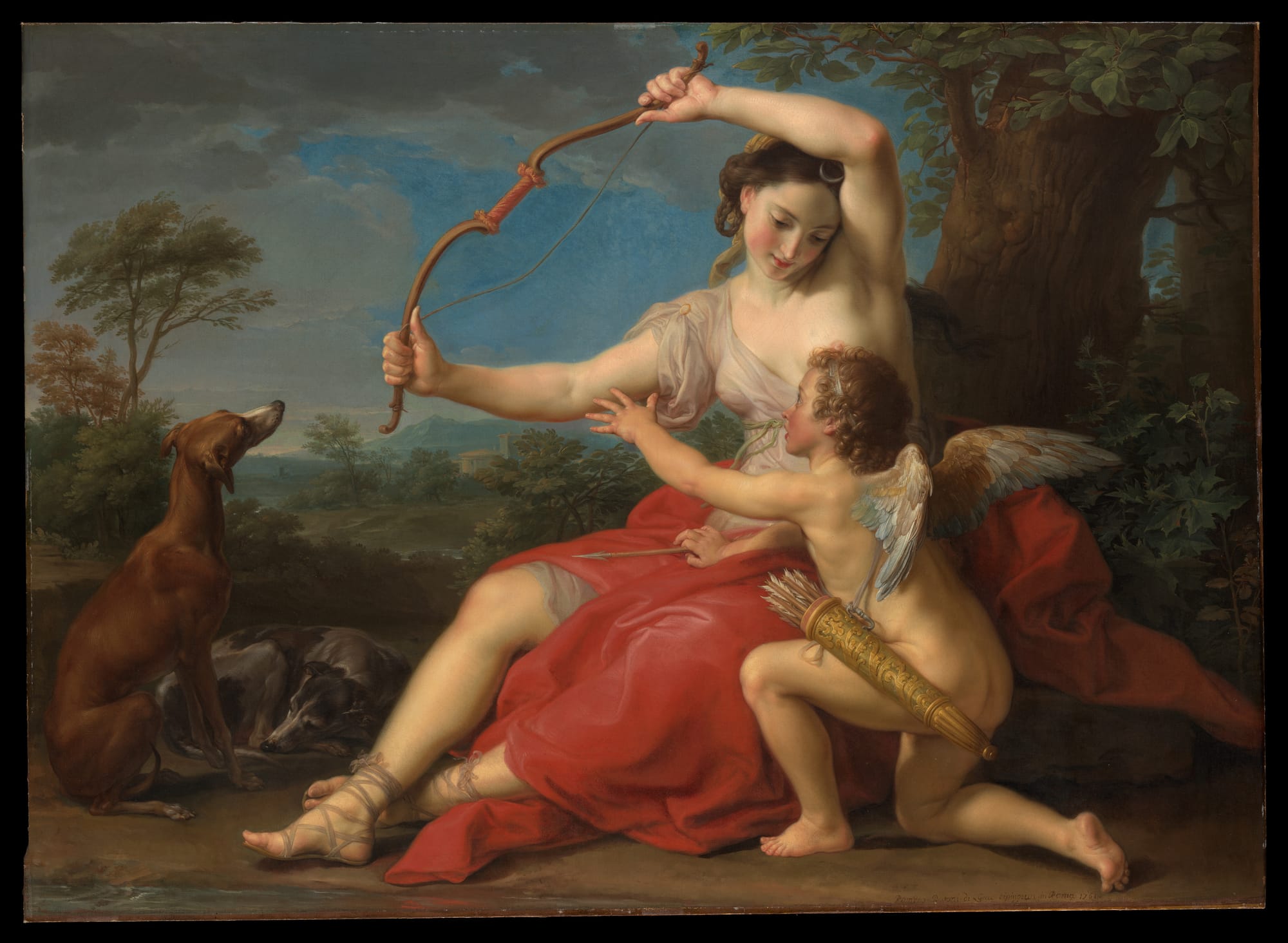 Artemis depicted as Diana with Cupid in neoclassical oil painting by Pompeo Batoni symbolizing energetic boundaries and sovereign feminine autonomy