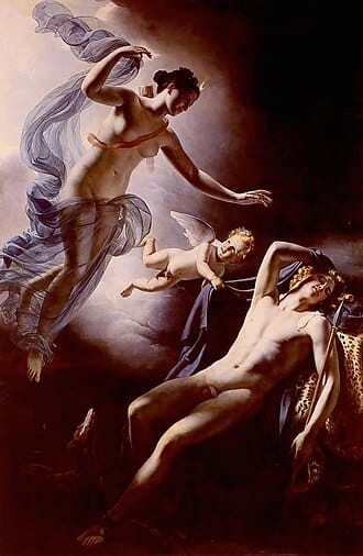 Artemis as moon goddess Diana watching over Endymion in neoclassical painting by Jérôme-Martin Langlois representing sacred solitude and lunar withdrawal