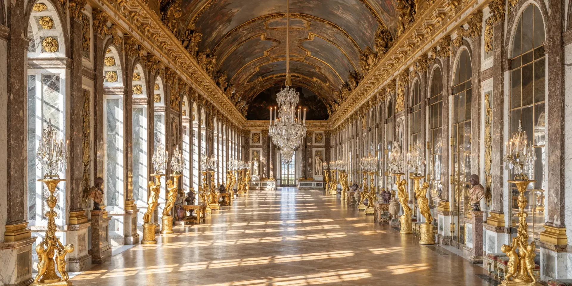 The Hall of Mirrors at the Palace of Versailles showcasing gold symmetry, reflective grandeur, and divine luxury architecture