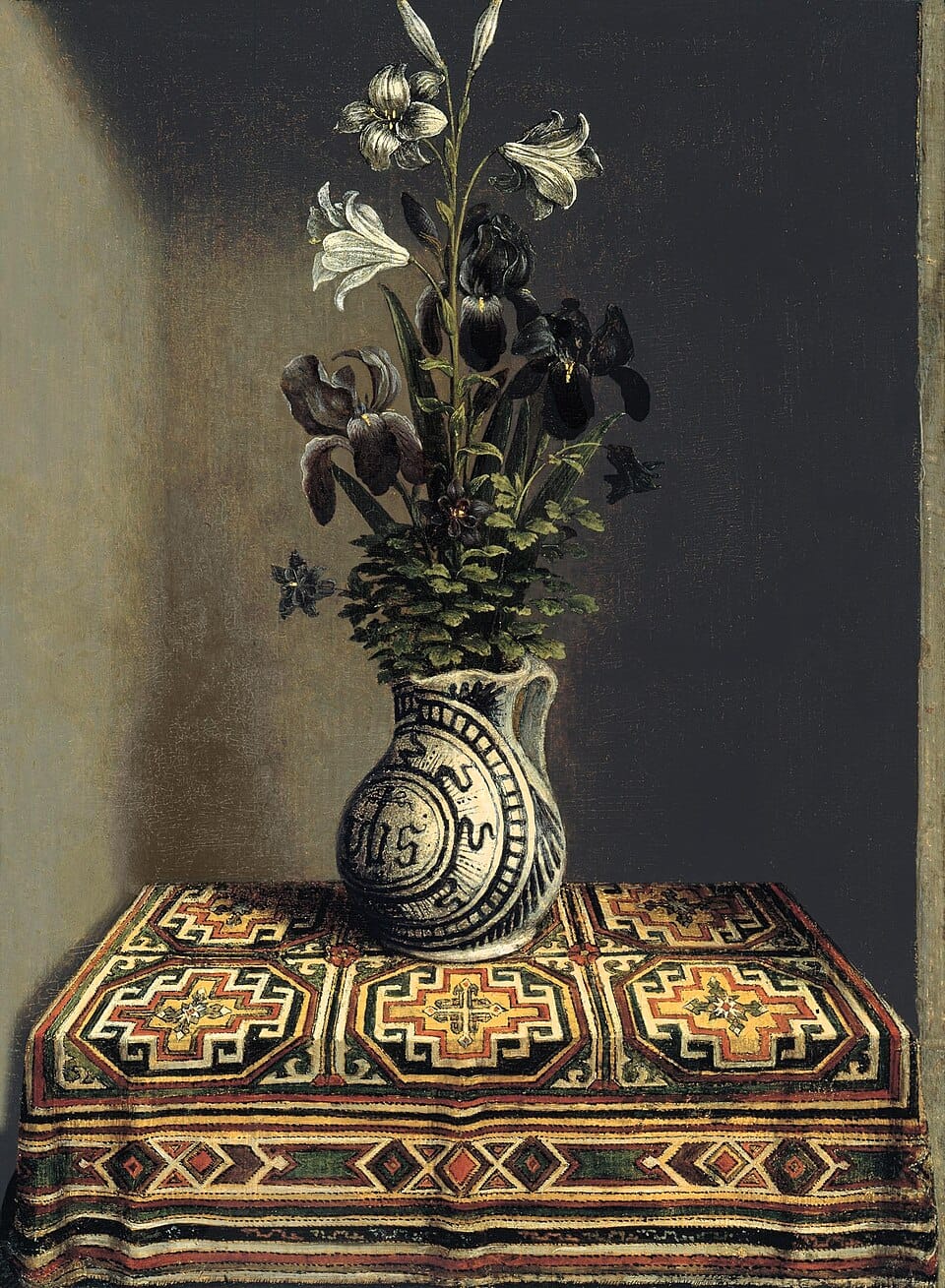 Still life of flowers arranged in a jug by Hans Memling, symbolizing identity settled after a quantum leap before visible results