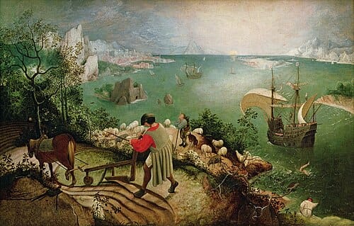 Landscape with the Fall of Icarus showing an unnoticed fall as the world continues