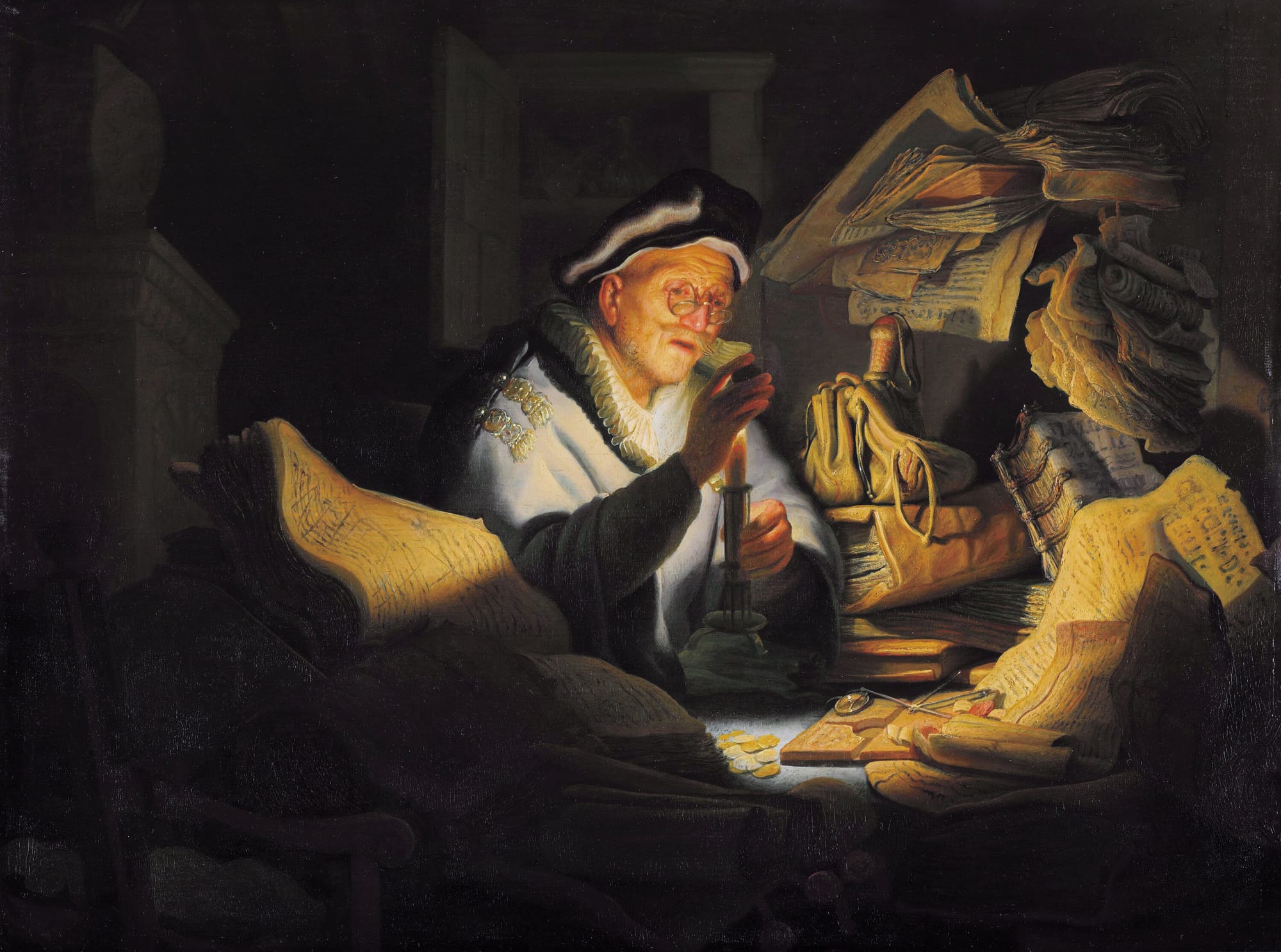 The Parable of the Rich Fool by Rembrandt (1627) symbolizing greed, wealth morality, and biblical warnings about material excess.