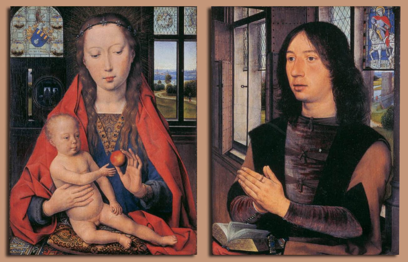 Diptych of Maarten van Nieuwenhove by Hans Memling illustrating dual identity reflection and parallel self positioning