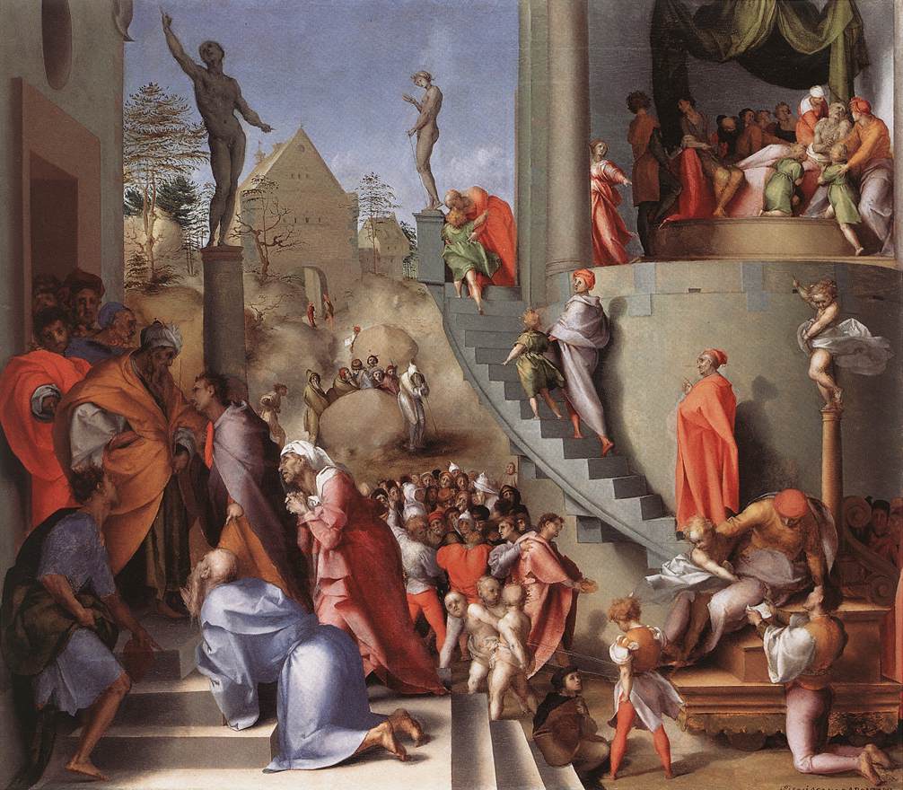 Pontormo Joseph in Egypt Renaissance painting depicting multiple narrative scenes symbolizing parallel selves and branching timelines