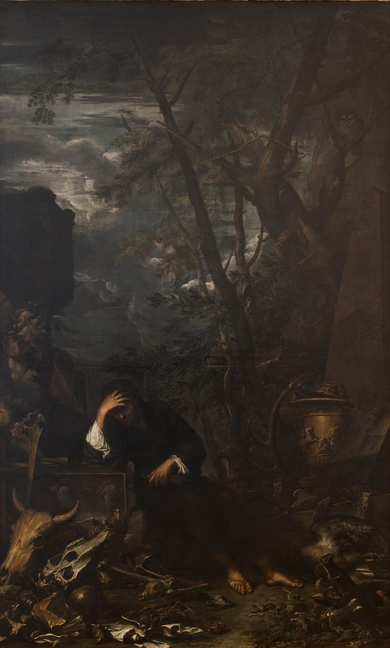 Salvator Rosa Democritus in Meditation Baroque philosopher painting representing subconscious introspection and identity analysis