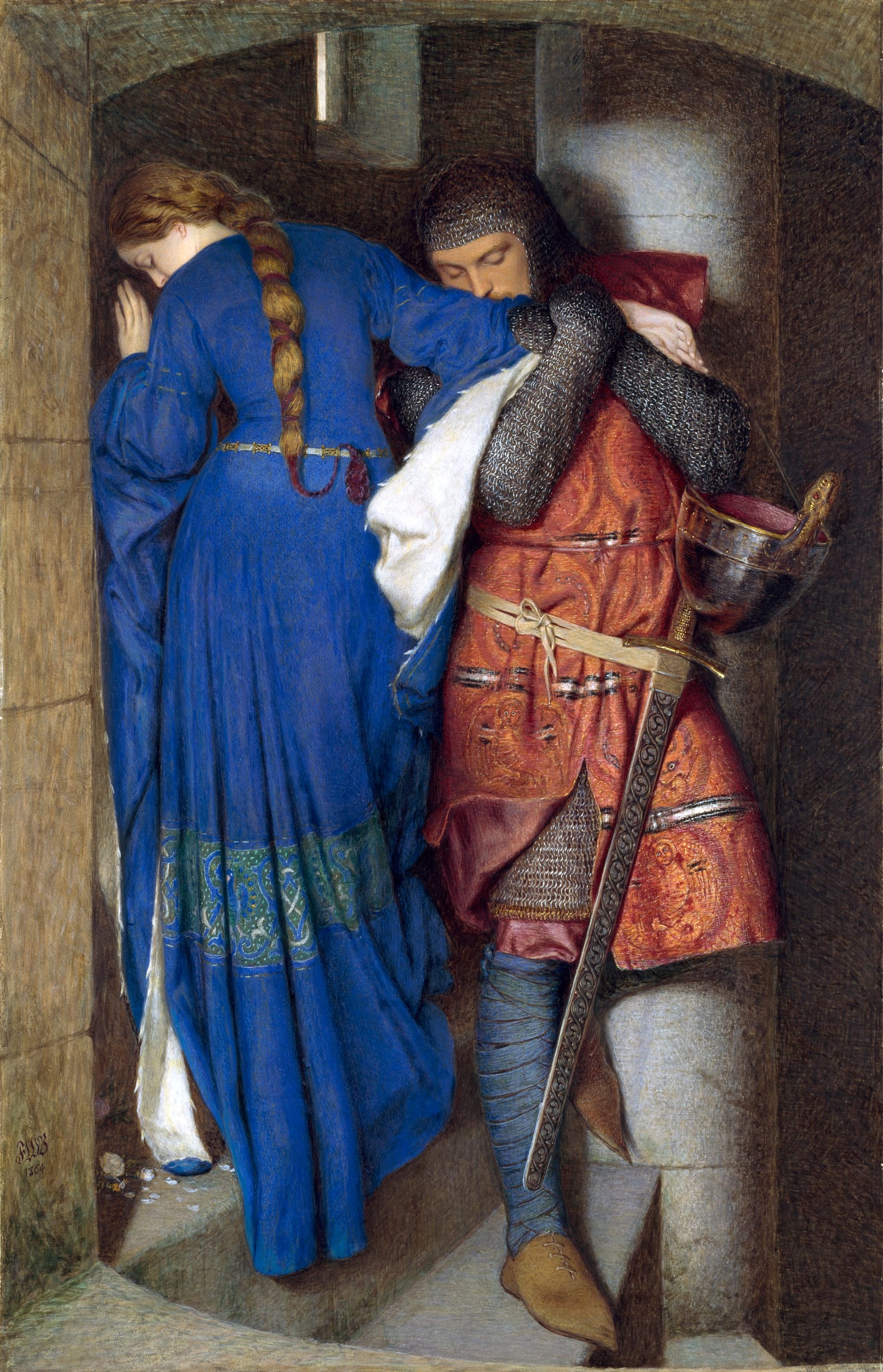 The Meeting on the Turret Stairs (1864) by Frederic William Burton — Romantic magnetism and subconscious attraction dynamics in Pre-Raphaelite art