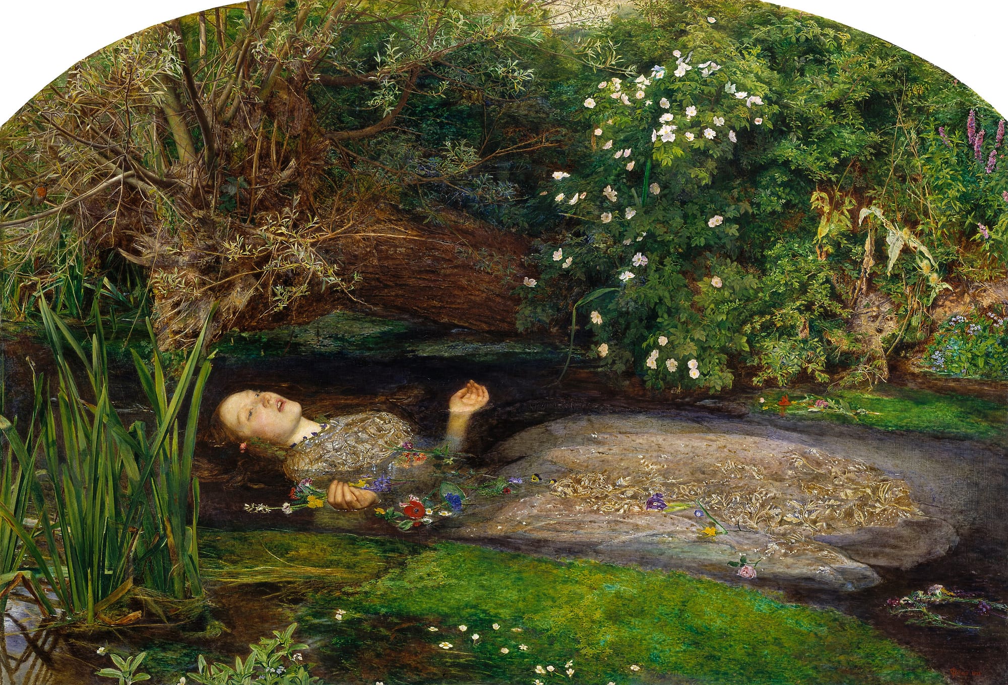 Ophelia (1851–1852) by John Everett Millais — Pre-Raphaelite portrayal of emotional surrender, heartbreak, and subconscious attachment imprinting