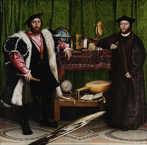 The Ambassadors by Hans Holbein the Younger revealing hidden mortality beneath status and identity