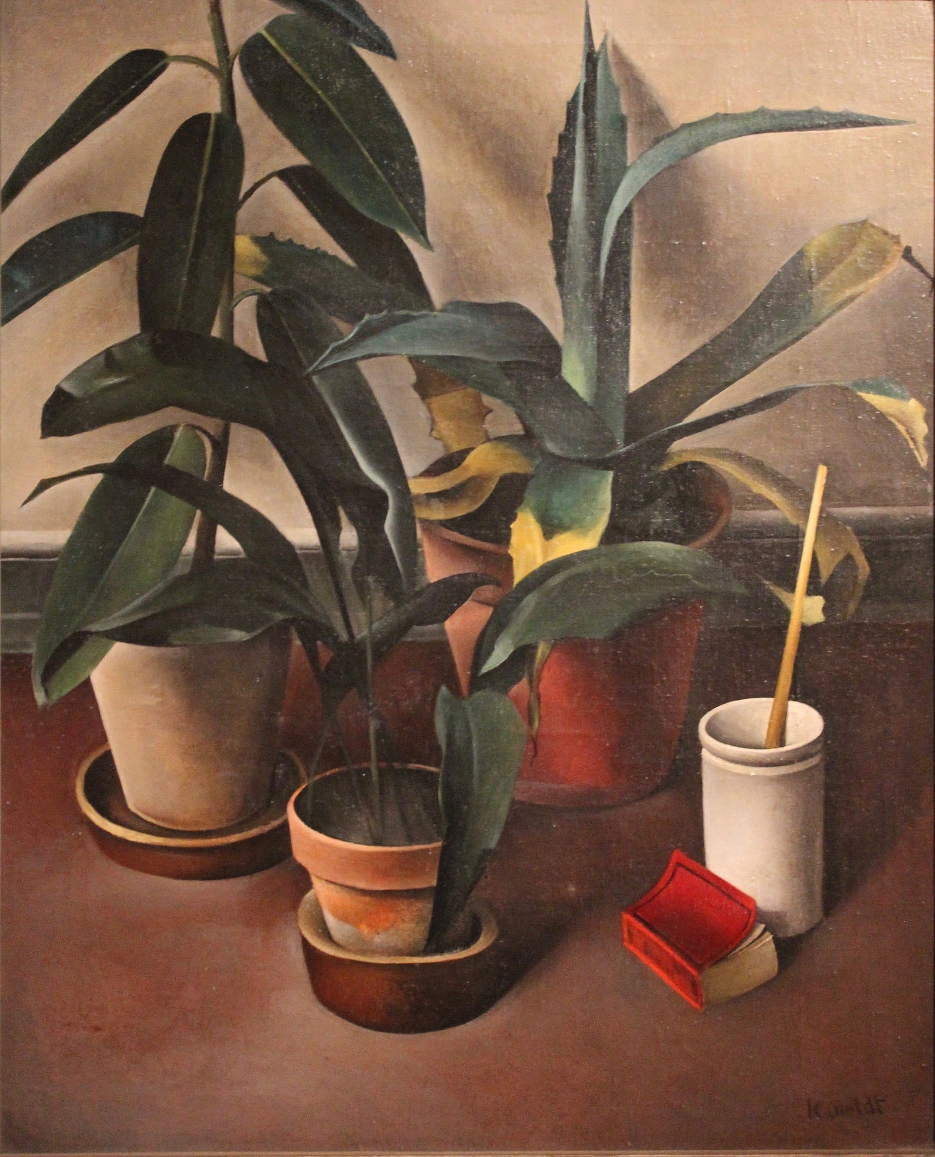 Alexander Kanoldt Still Life I 1926 New Objectivity geometric still life featuring agave plant rubber tree and objects arranged with austere realism