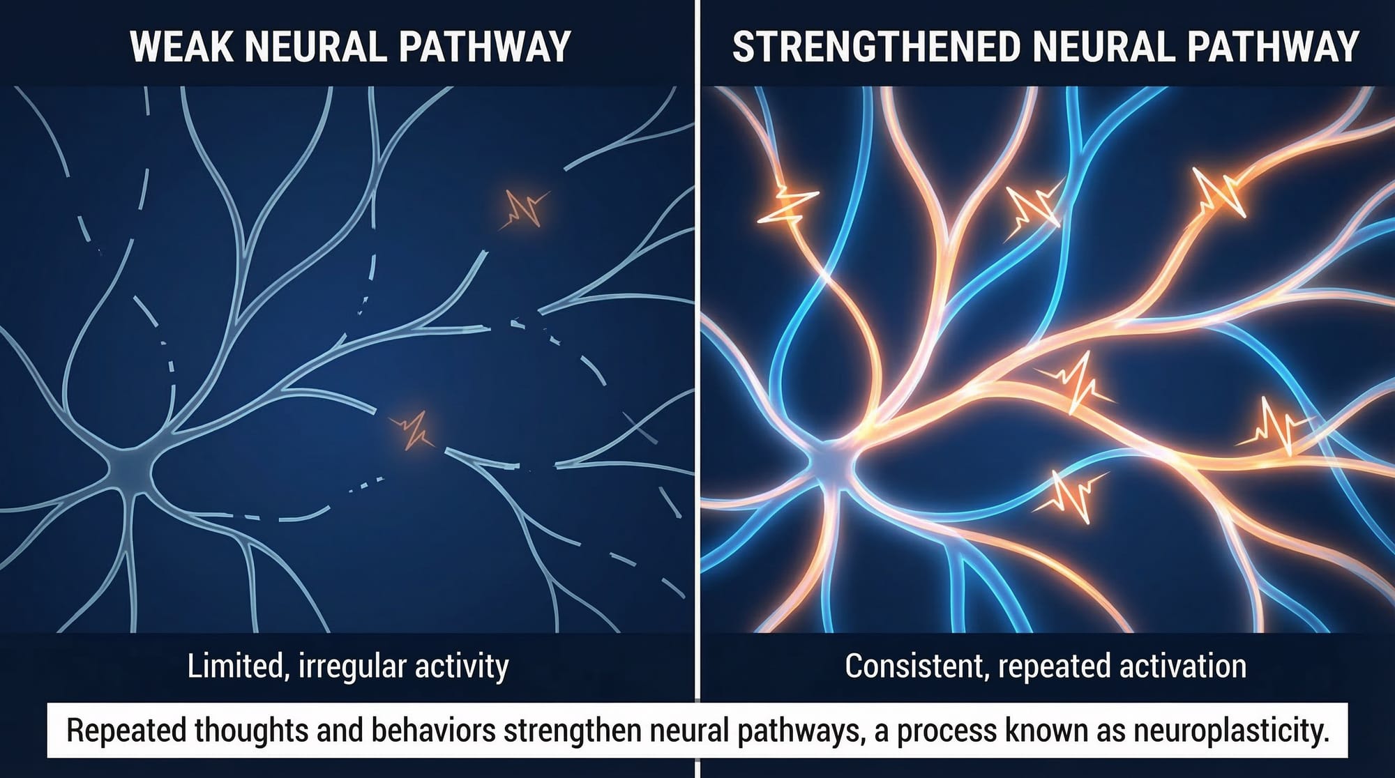 Neuroplasticity diagram showing how repeated thoughts strengthen neural pathways in the brain