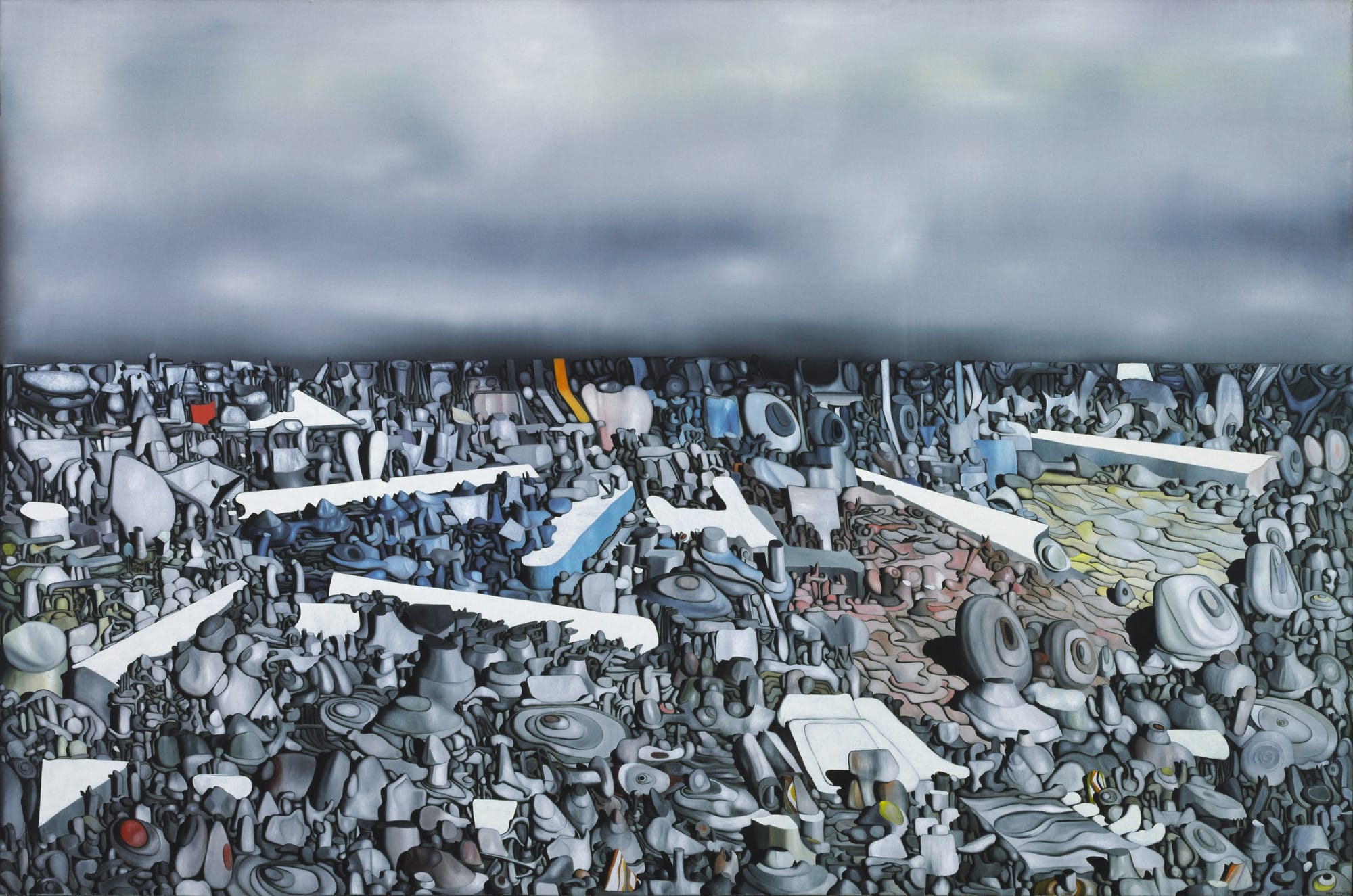 Multiplication of the Arcs (1954) by Yves Tanguy featuring abstract surreal structures resembling organic forms and subconscious mental landscapes