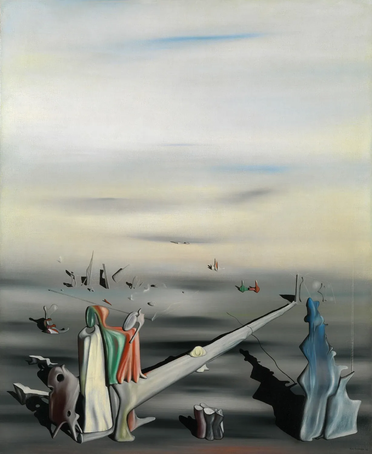 The Satin Tuning Fork (1940) by Yves Tanguy depicting a surreal lunar landscape with organic forms symbolizing emotional memory and subconscious terrain