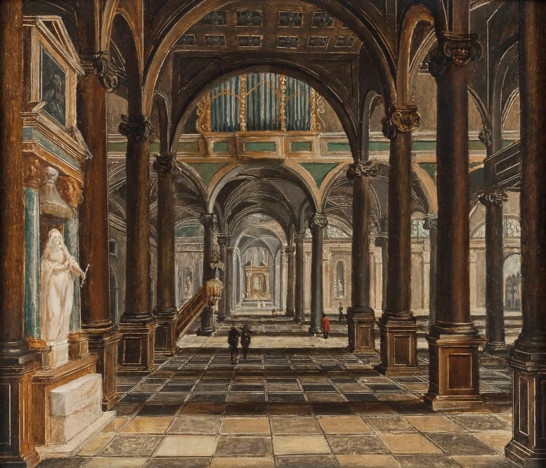 A Renaissance Church Interior by Christian Stöcklin, depicting a symmetrical vaulted church with receding arches and balanced columns, symbolizing order and disciplined inner structure.