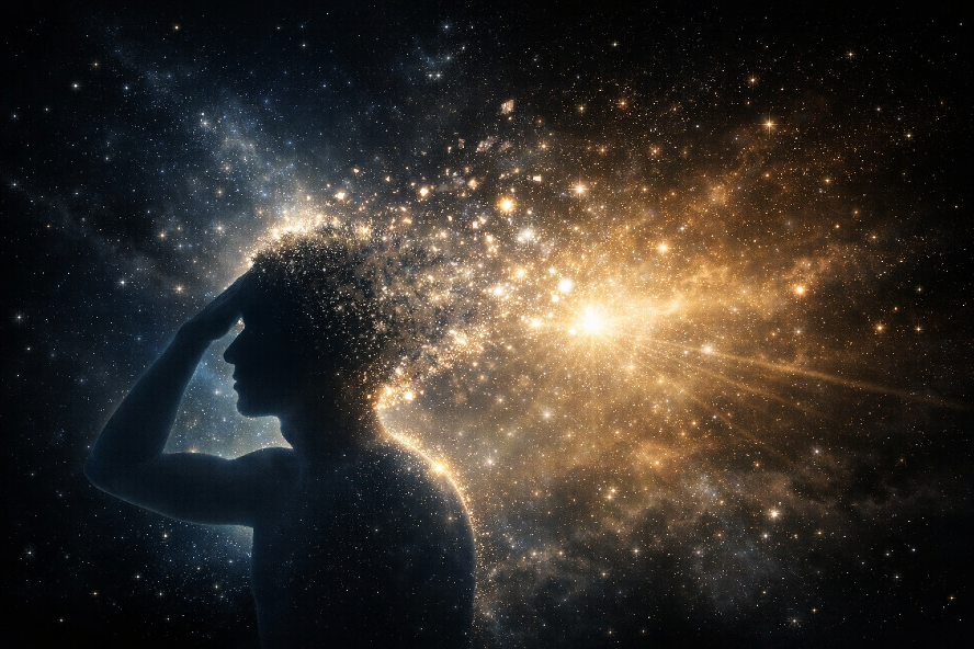 Silhouette of a human figure dissolving into light and space, symbolizing consciousness as awareness beyond the body and mind.