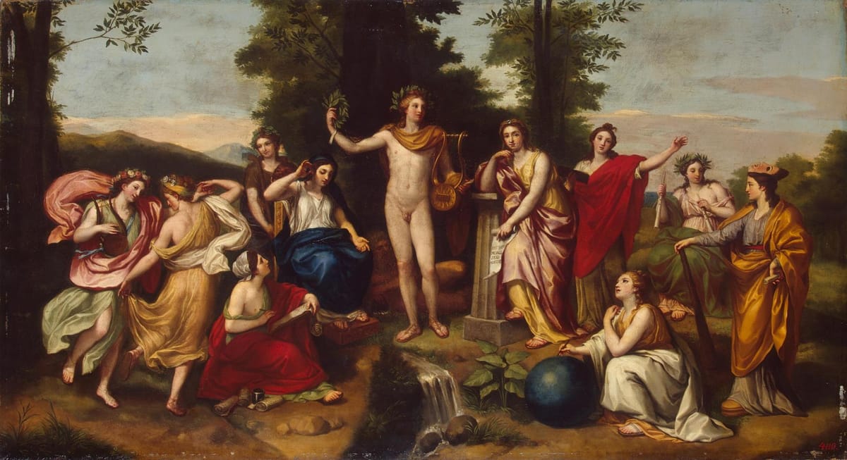 Apollo and the Muses on Parnassus by Mengs, symbol of conscious will, alignment, and deliberate creation