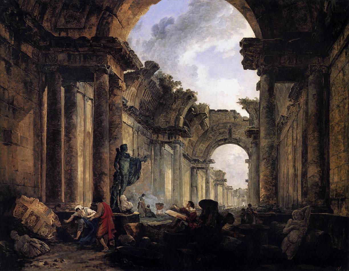 Ruined classical gallery by Hubert Robert showing collapsed arches and figures beneath a vast architectural passage, Louvre Museum