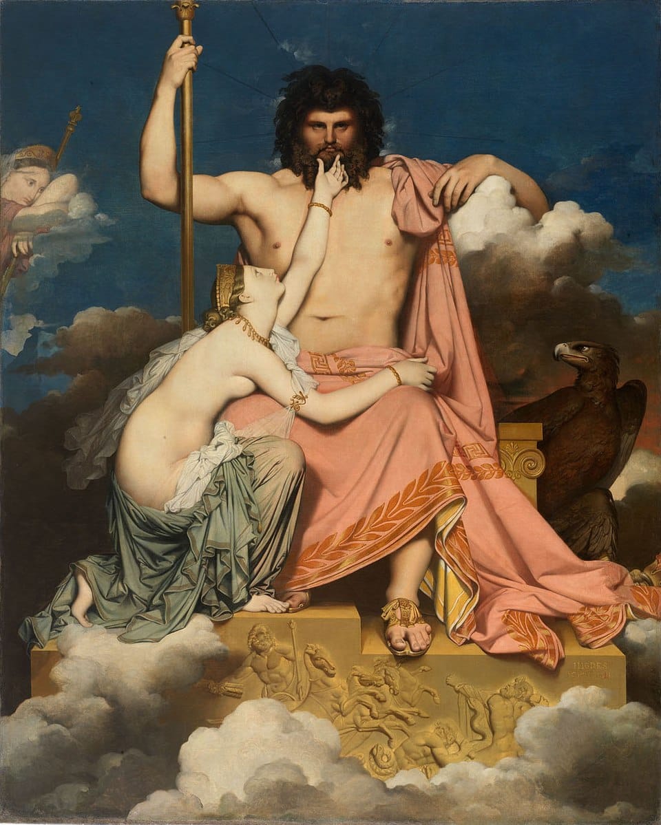 Jupiter enthroned as Thetis appeals to him, symbolizing identity as position and authority before action in neoclassical art.
