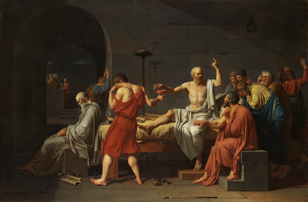 The Death of Socrates (1787) by Jacques-Louis David, depicting calm identity amid structural collapse before transformation