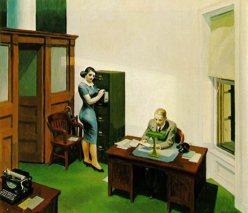 Edward Hopper’s Office at Night (1940), depicting two figures in a quiet office frozen in observation and anticipation