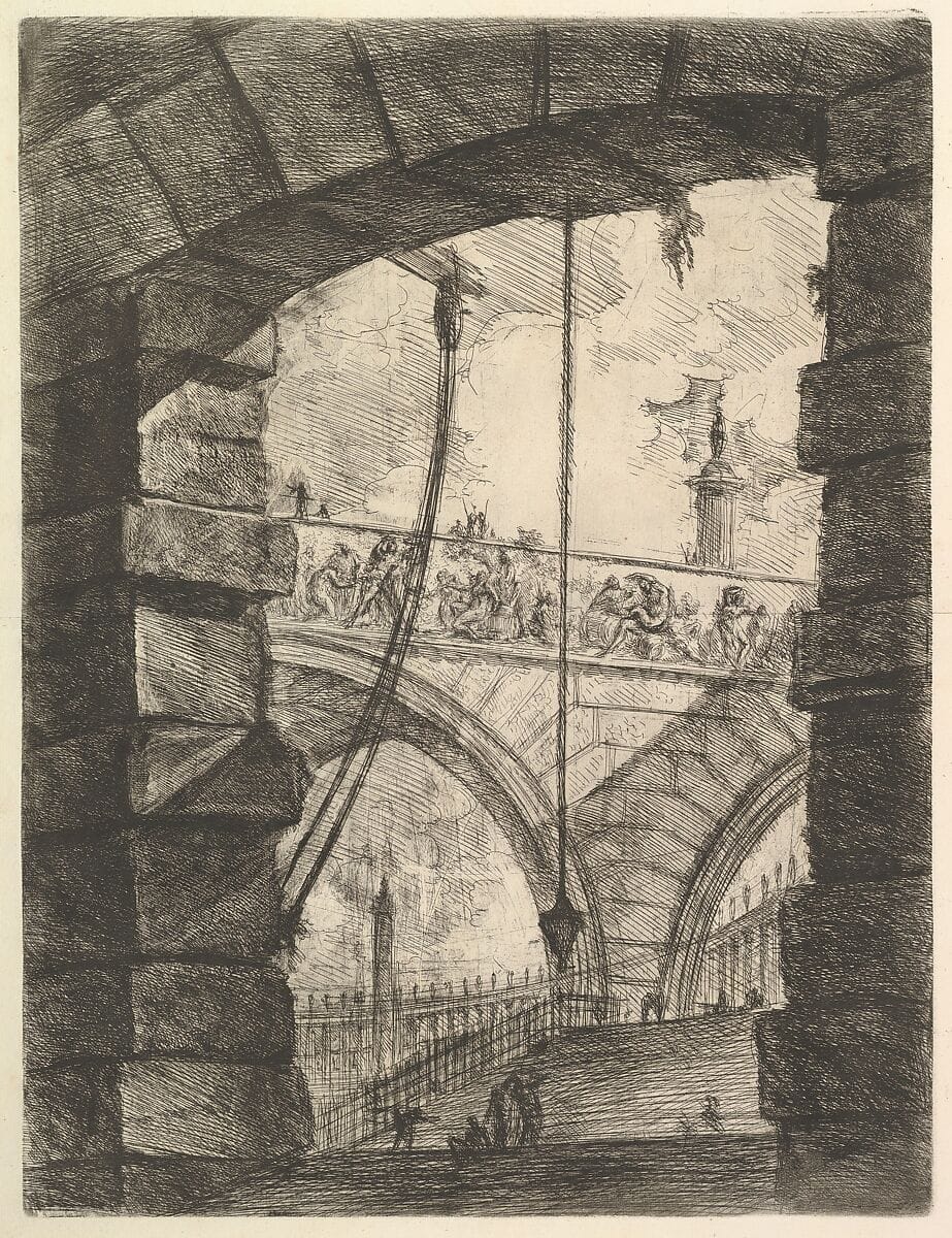 Piranesi’s The Grand Piazza from Carceri d’Invenzione, showing massive architectural structures reorganizing around a central passage