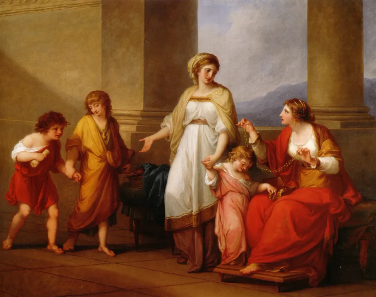Angelica Kauffman, Cornelia, Mother of the Gracchi, Pointing to Her Children as Her Treasures (1785) — neoclassical childhood value formation and identity imprint scene.
