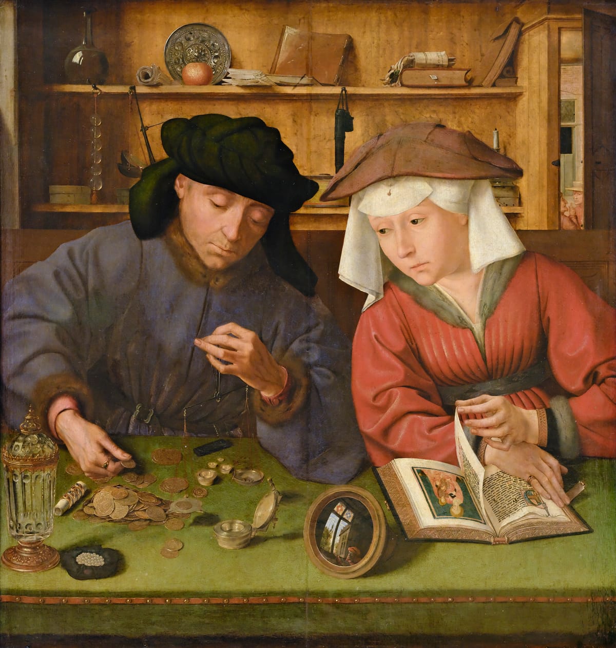 The Moneylender and His Wife by Quentin Matsys (1514) depicting wealth, financial scrutiny, and moral tension around money