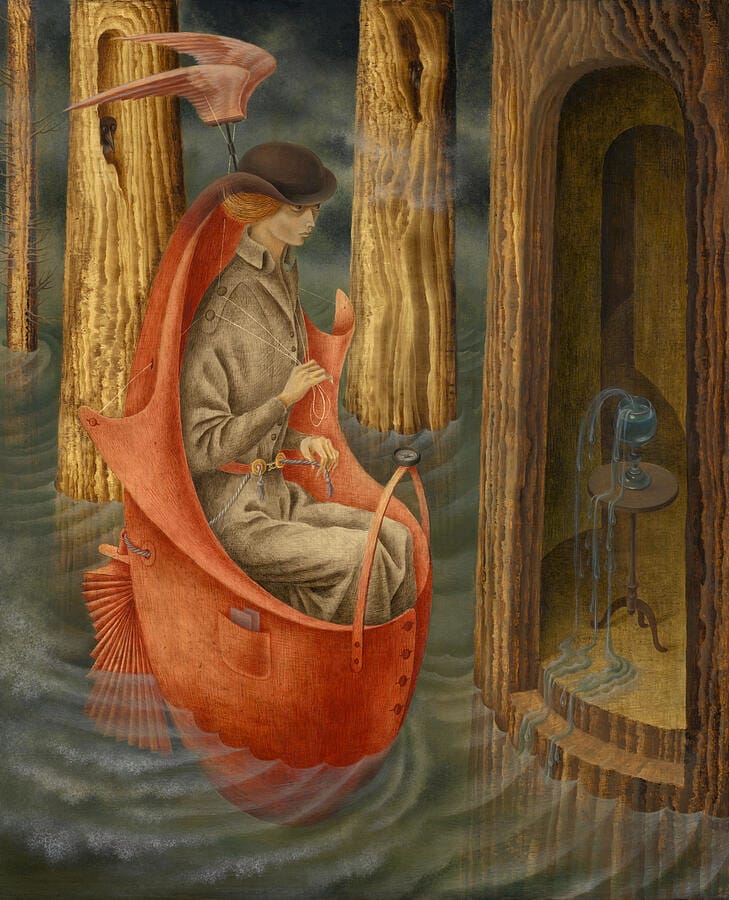 Remedios Varo, Exploración de las Fuentes del Río Orinoco (1959), surreal figure exploring an inner landscape symbolizing subconscious forces shaping the body.