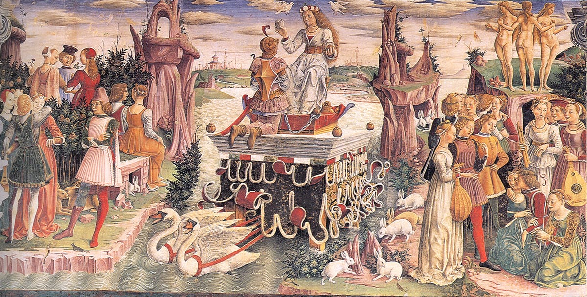 Allegory of April Triumph of Venus fresco representing subconscious wealth attraction and identity magnetism