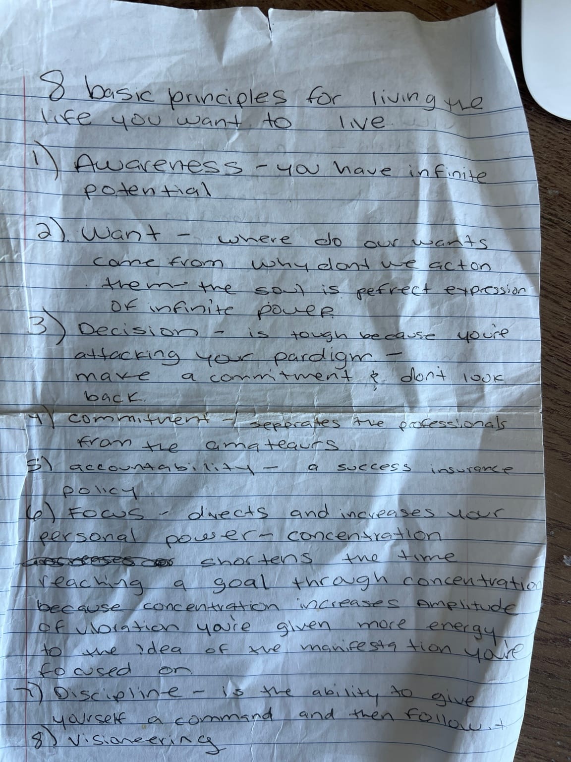 Bob Proctor 8 principles handwritten notes awareness decision commitment subconscious reprogramming success mindset