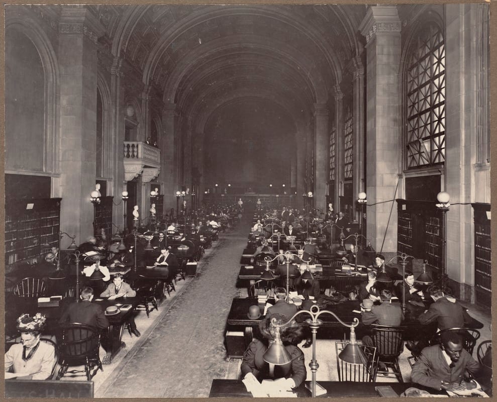 Historic Boston Public Library reading room filled with scholars studying philosophical works, symbolizing the intellectual origins of the Law of Assumption
