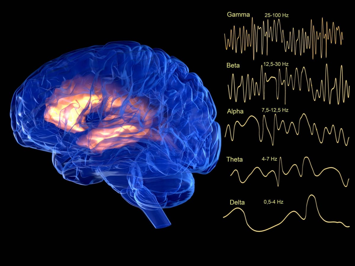 Brain waves neuroscience diagram showing gamma beta alpha theta and delta frequencies with glowing brain activity
