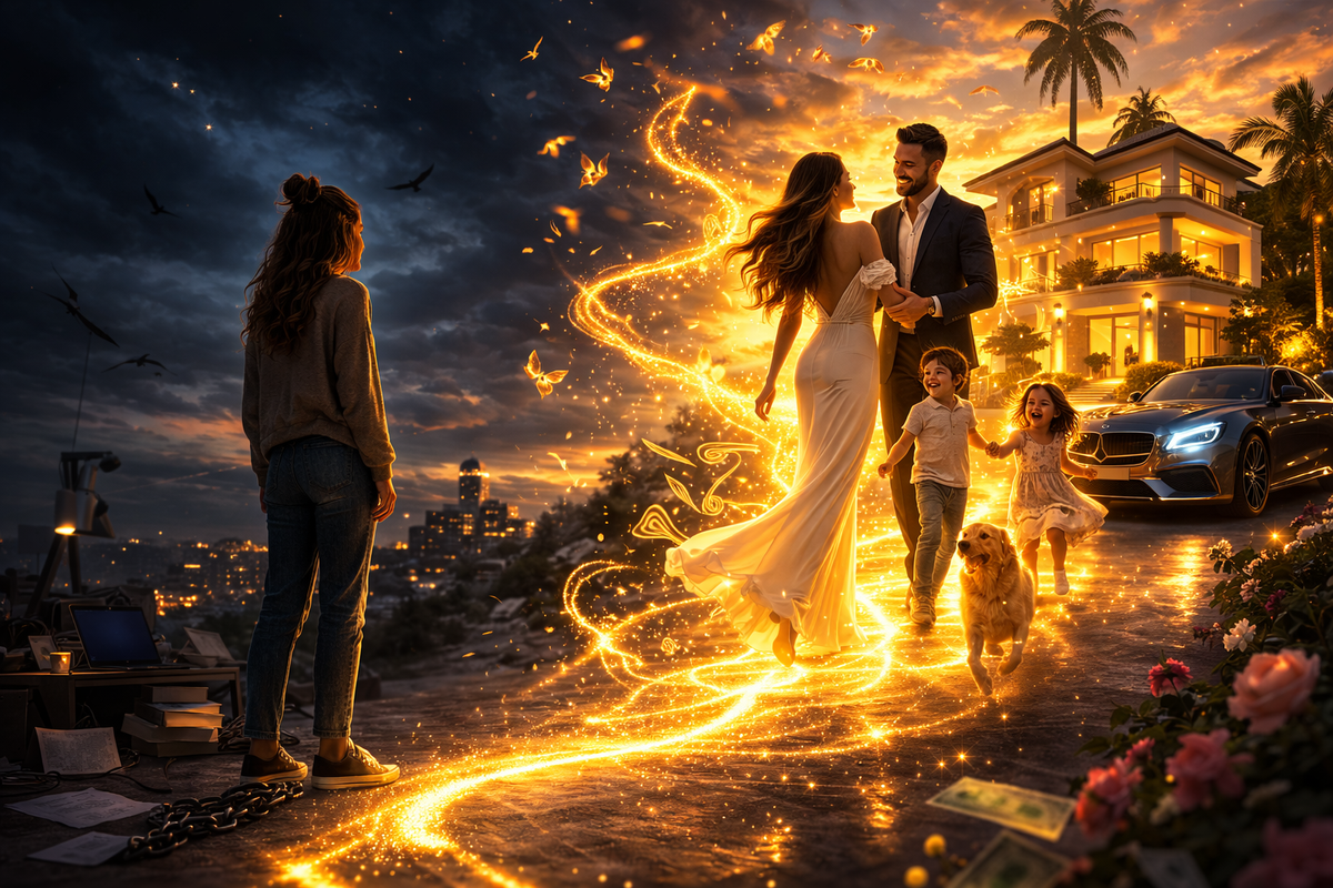 mujer caminando hacia su vida ideal con mansion familia auto y abundancia simbolizando como aplicar la ley de la asuncion de neville goddard y manifestar una nueva realidad