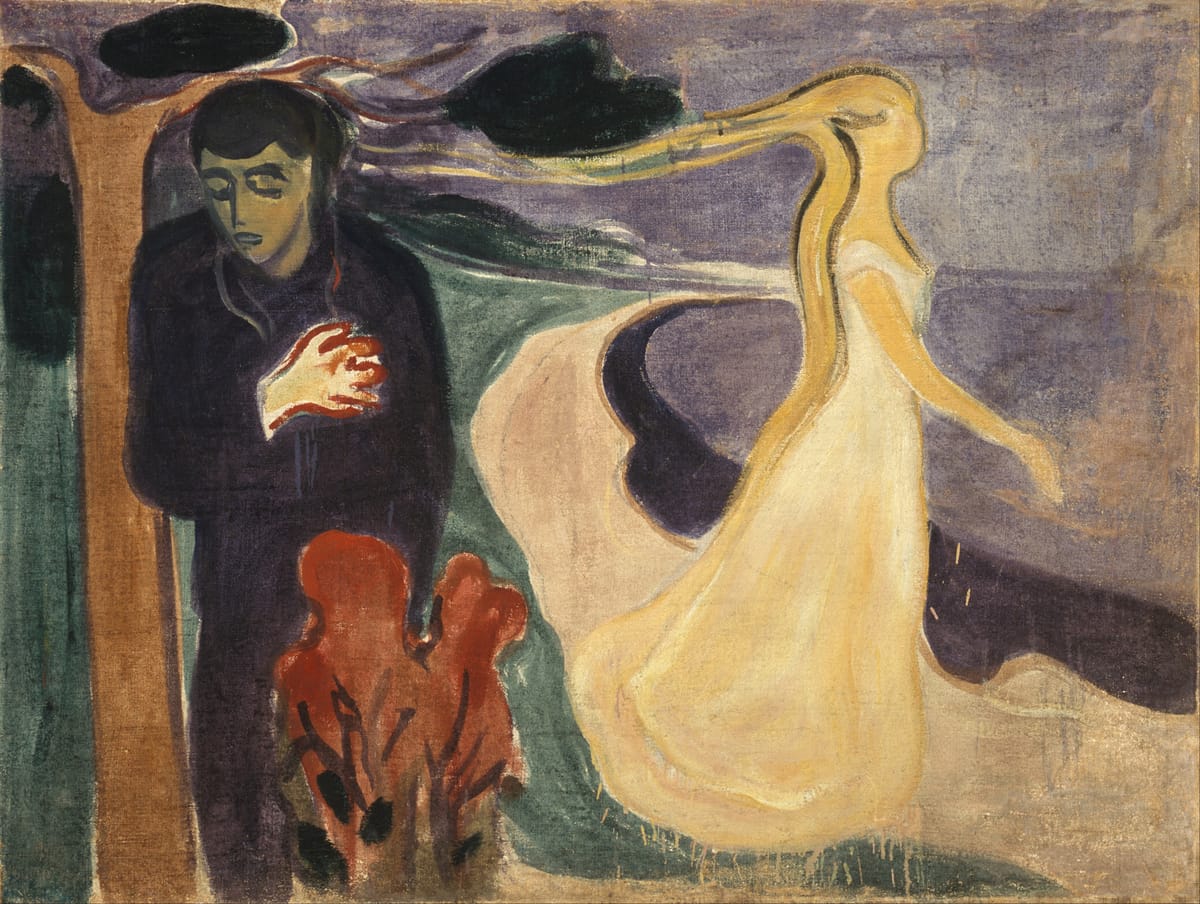 Edvard Munch’s Separation (1896) captures the psychological distance that often appears in repeating relationship cycles shaped by subconscious emotional patterns.