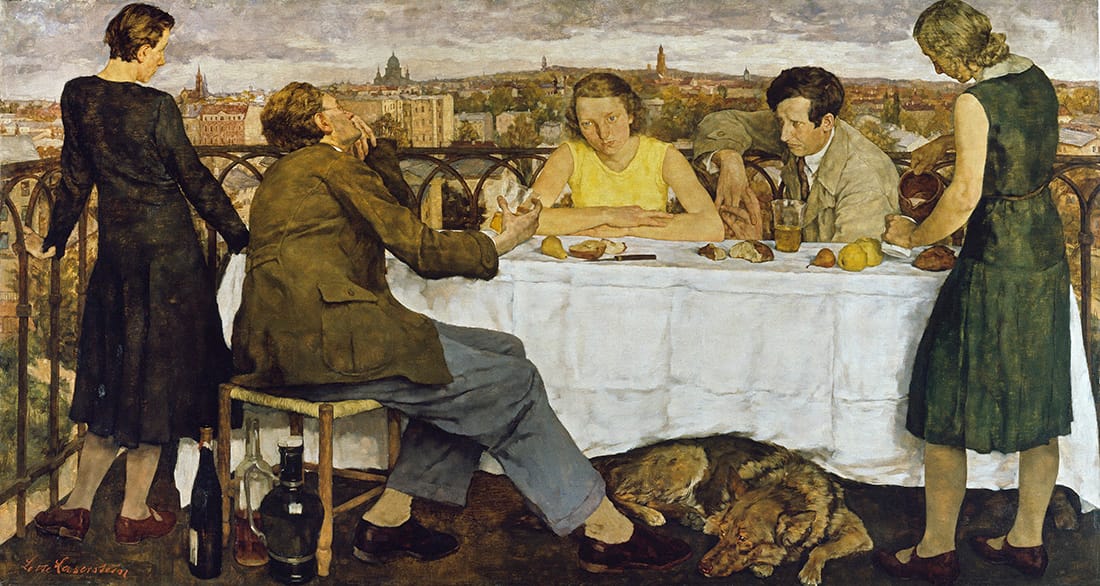 Lotte Laserstein Evening over Potsdam 1930 New Objectivity painting depicting contemplative figures overlooking Potsdam expressing psychological pause and reflective tension.