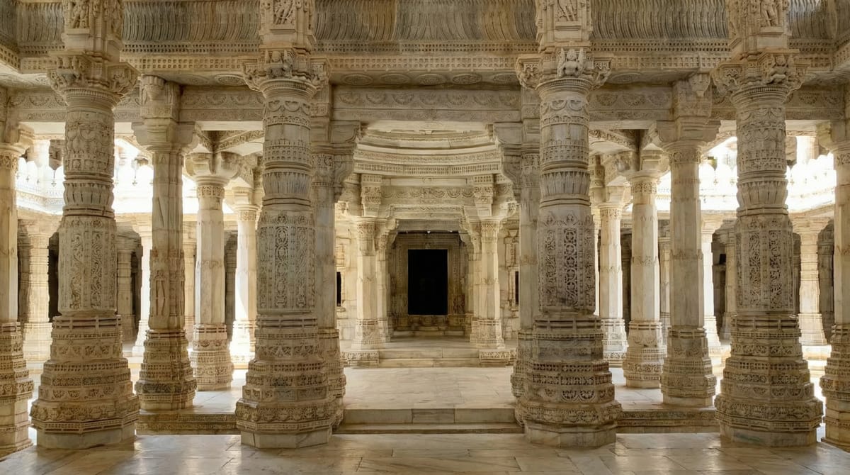 Ranakpur Jain Temple interior in Rajasthan featured in the Subconscious Reprogramming Meditation Library symbolizing inner architecture and disciplined transformation