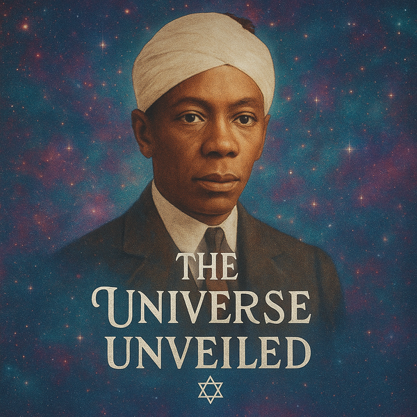 Portrait of Abdullah, the Black Ethiopian mystic and Neville Goddard’s mentor, wearing a turban and Star of David, floating in colorful cosmic space with the text “The Universe Unveiled.”