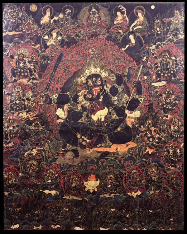 Mahākāla, protector of the Dharma, Central Tibetan Buddhist thangka, Rubin Museum of Art (Accession F1996.14.1). Time responds to decision.