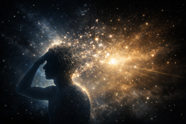 Silhouette of a human figure dissolving into light and space, symbolizing consciousness as awareness beyond the body and mind.