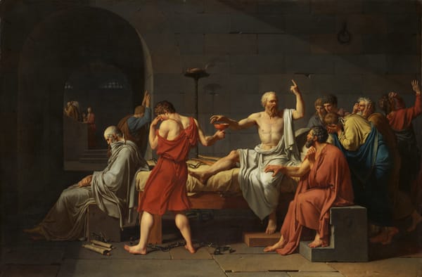 The Death of Socrates (1787) by Jacques-Louis David, depicting calm identity amid structural collapse before transformation