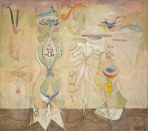 Mark Rothko, Slow Swirl at the Edge of the Sea (1945), abstract figures and organic forms suspended between sea and sky.
