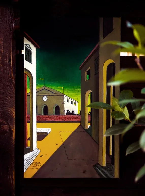 Metaphysical city square with an empty pedestal symbolizing disorientation after transformation